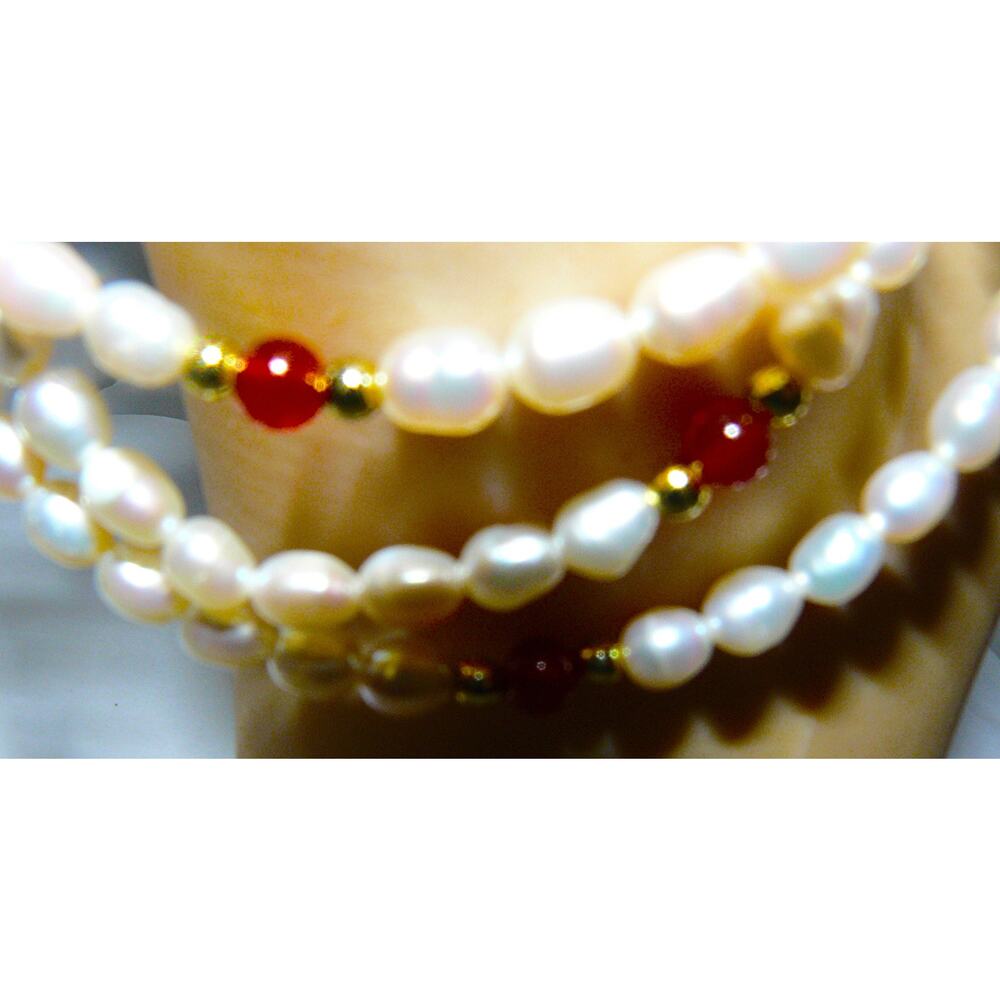 2 Freshwater Pearl Coil Wrap Bracelets Gold-Tone Red & Tiger Eye Beads - Picture 5 of 11